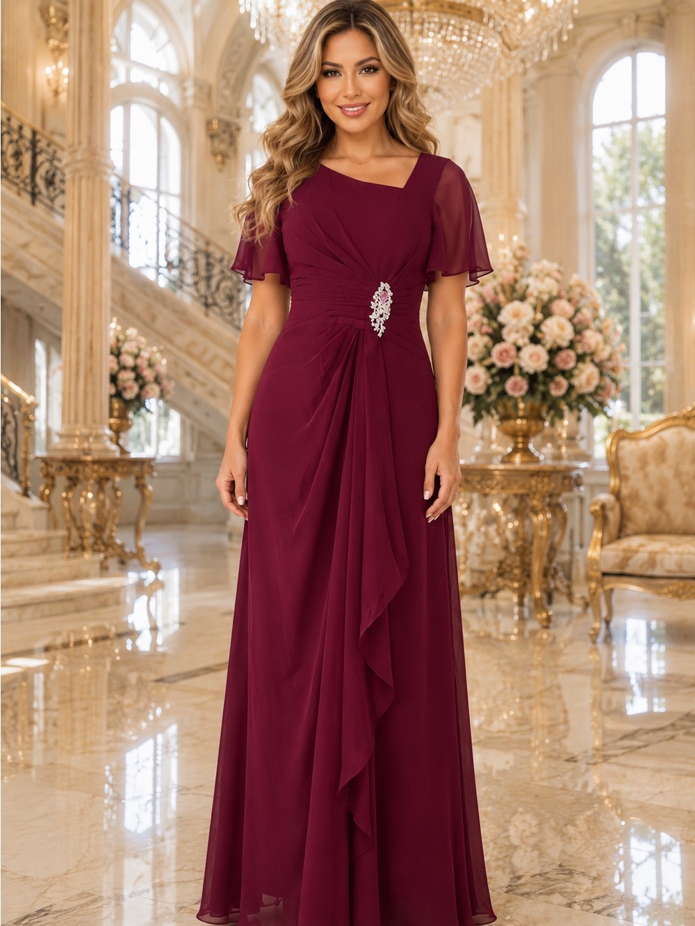 NWT Mother of the Bride Burgundy Chiffon Wedding Military Formal Dress Size 12